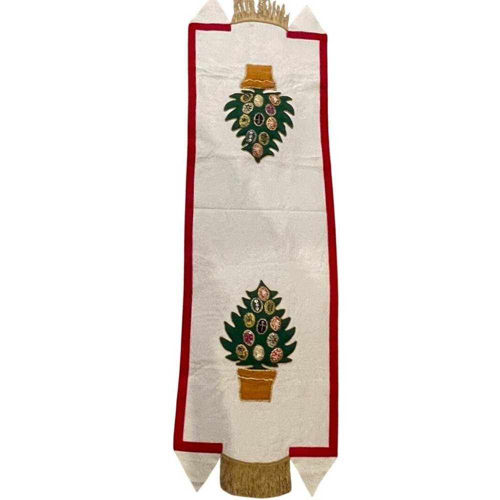 Vintage Handmade Felt Christmas Banner Beaded Tree‎ Wall Hanging Red Velvet 60in